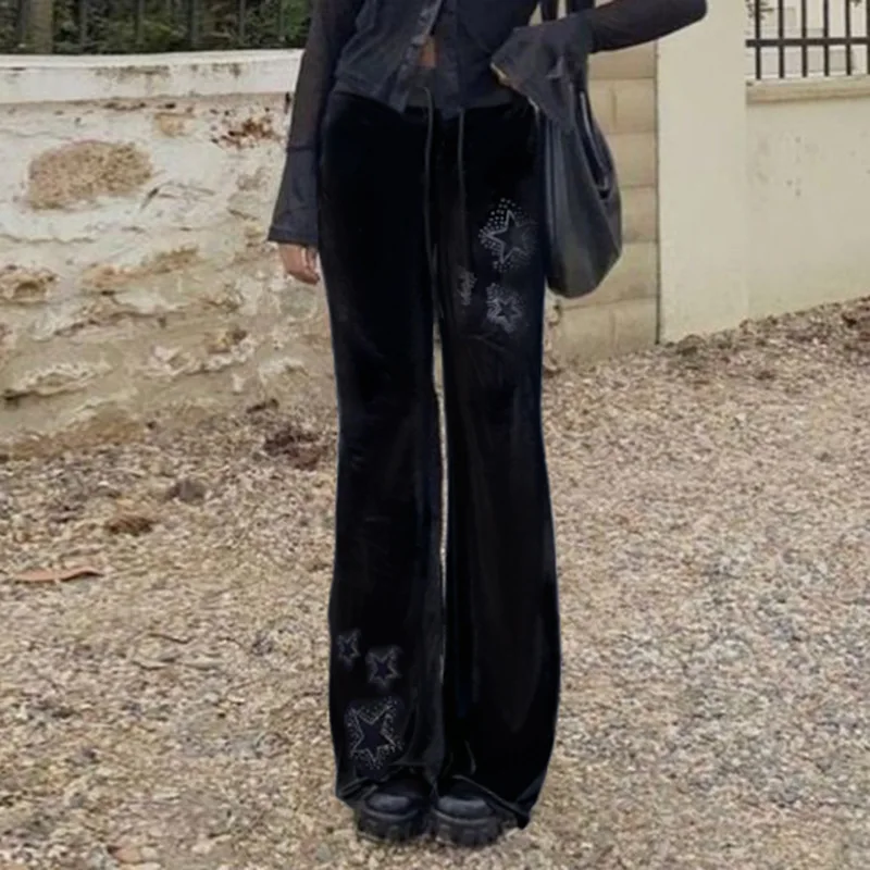 

Wind Star Hot Diamond Velvet For Women 2024 New Color Contrasting Lace Versatile Casual Low Waist Micro Pull Up Pants