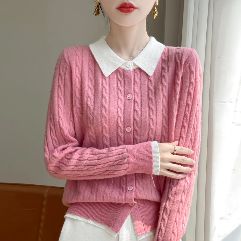 Tailored and fashionable women's cardigan, lapel sweater, wool knitted color blocked long sleeved women's new wool short sweater