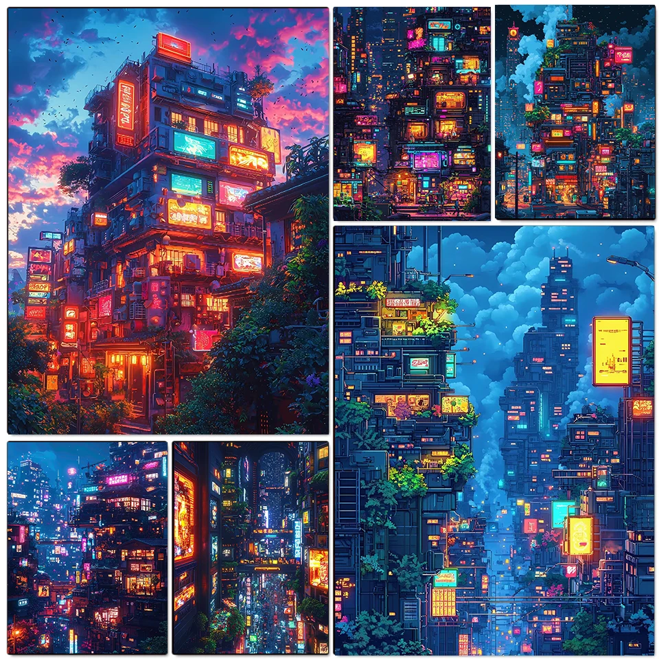 

Diamond Painting Full Square City Night Cyberpunk City Neon Futuristic Landscape Home Decor Gift Picture Of Rhinestones Handmade
