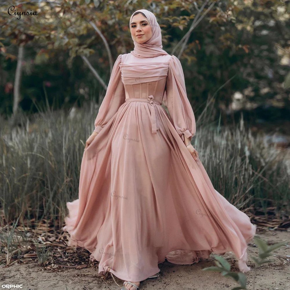 

Ciynsia Dubai Muslim Pink Hijab Evening Dresses A-Line Chiffon Long Sleeve Formal Prom Dress 2024 Saudi Arabic Robe De Soiree