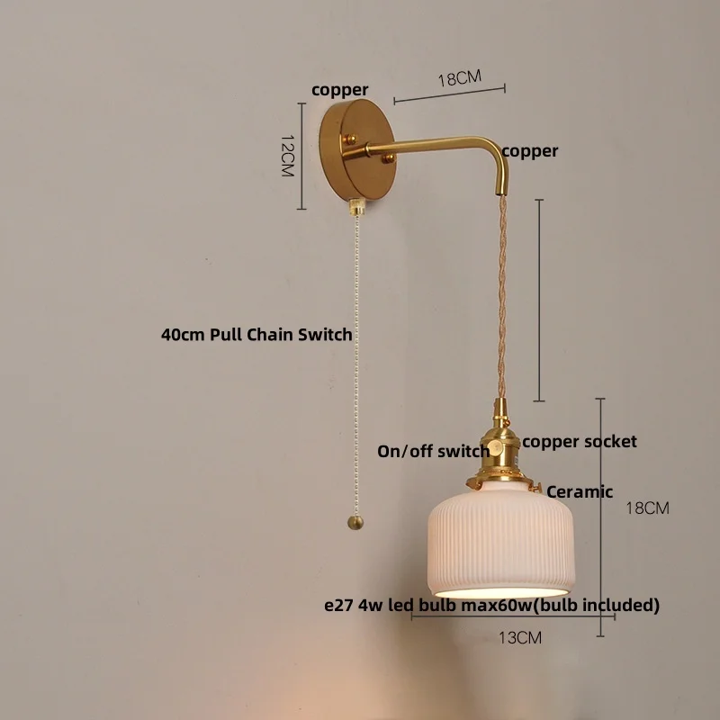 IWHD Pull Chain Switch LED Wall Light Fixture Kitchen Porch Coffee Copper E27 Ceramic Nordic Modern Wall Lamp Lamparas De Pared