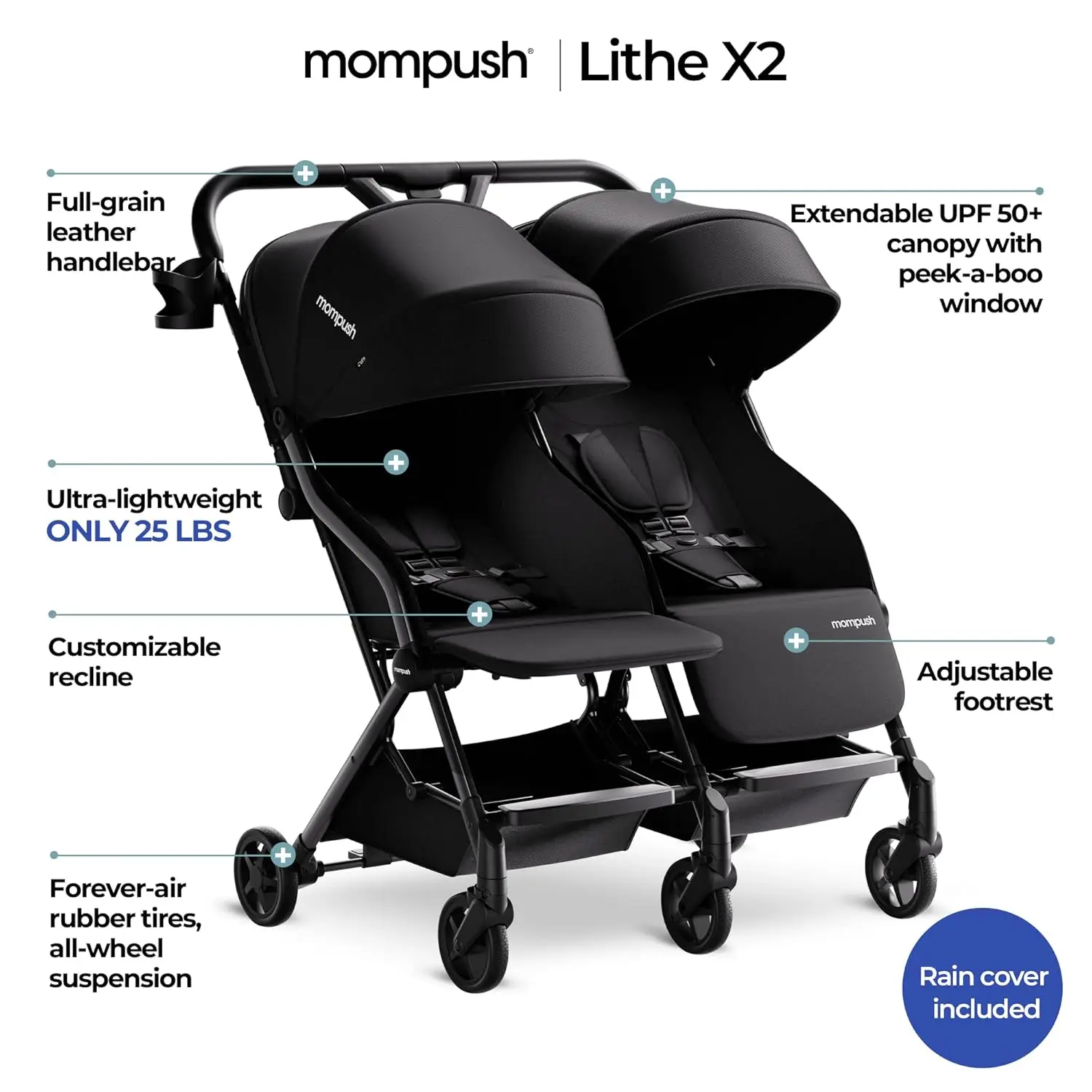 Mompush-Poussette Double Ultralégère, Légère, Deux Grands Sièges avec Inclinaison Individuelle, Facile à Posséder