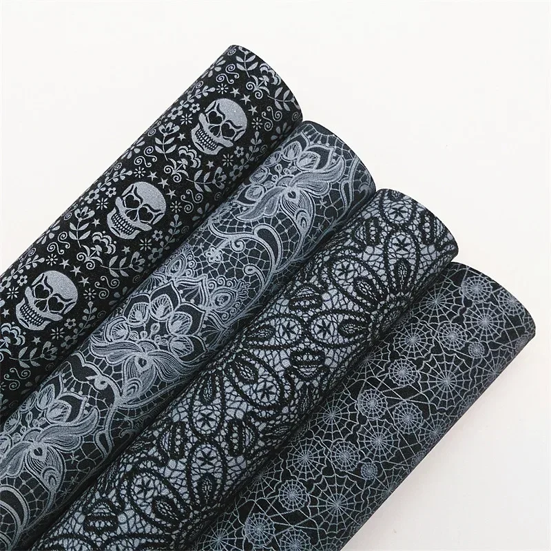 Hojas de tela de vinilo con purpurina personalizada, flores de Halloween, SpiderWeb de encaje, imitación de cuero para lazos, pendientes DIY, tamaño A4, R2100B