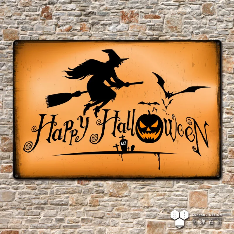 Industrial style retro iron sheet hanging painting Halloween bar background mural American style tin plate decoration mural