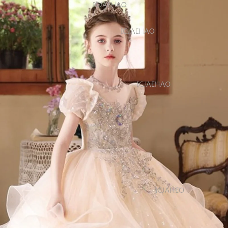 2026 Children Girls Champagne Elegant Dress Kids Piano Performance Pageant Costume Long Gown Host Runway Birthday Princess