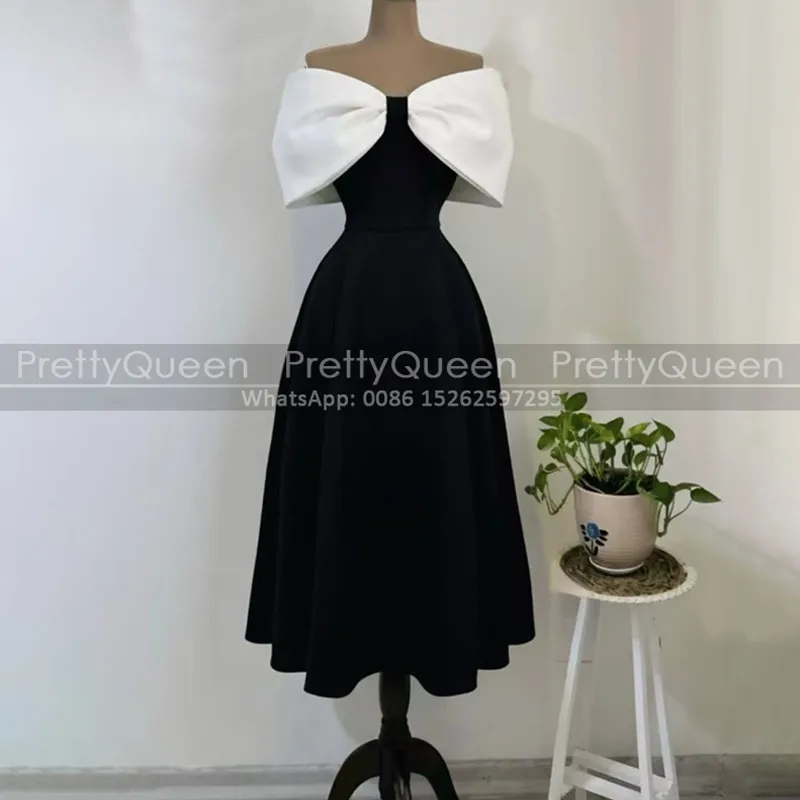 

A Line Bridesmaid Dresses With Half Sleeves Bow Off Shoulder Customized Tea Length Wedding Party Dress