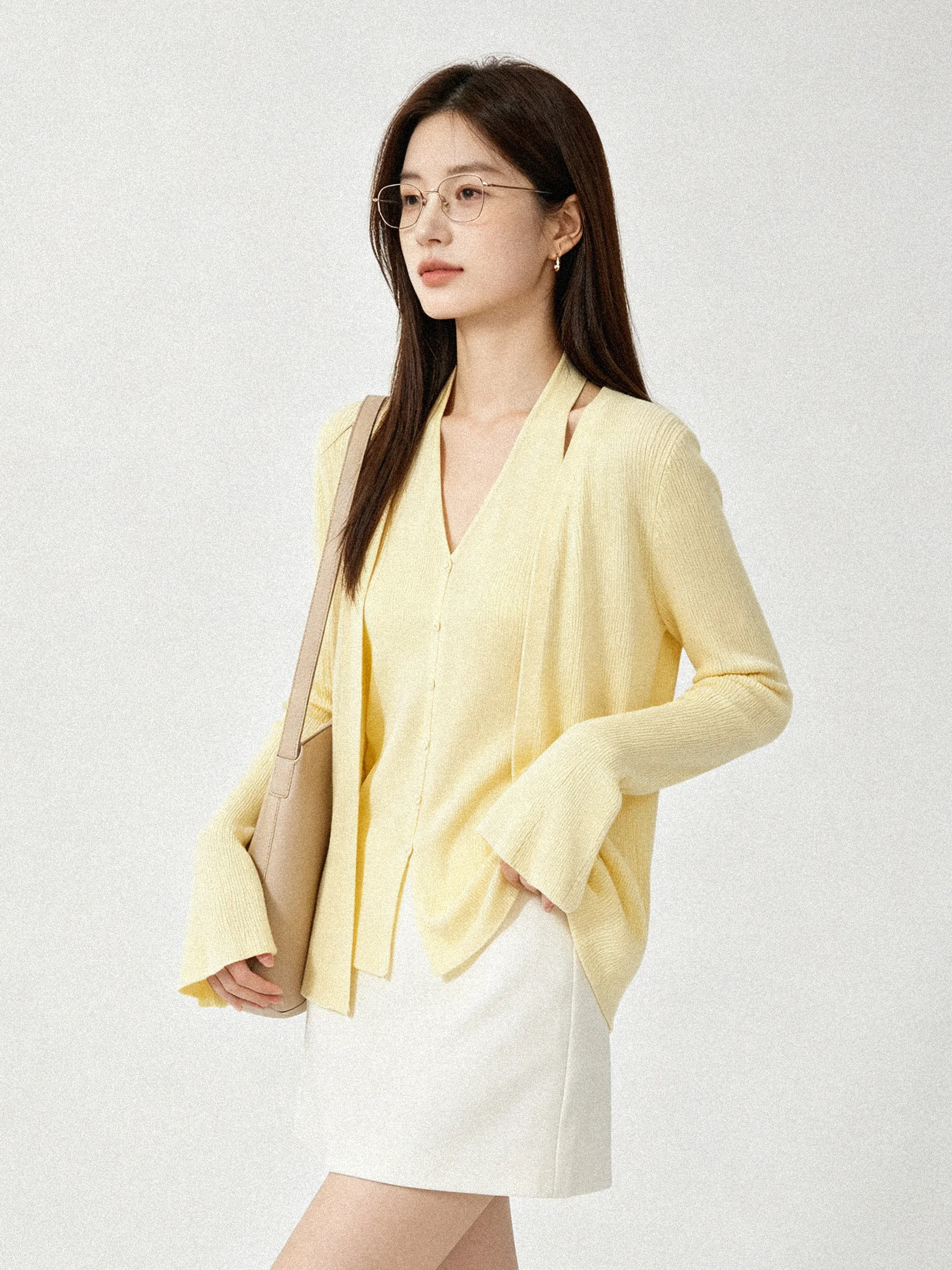 Sweet Korean Style Knitted Off-Shoulder Vest And Bell Sleeve Cardigan Two-Piece Set for Women Elastic V-Neck Long Sleeve