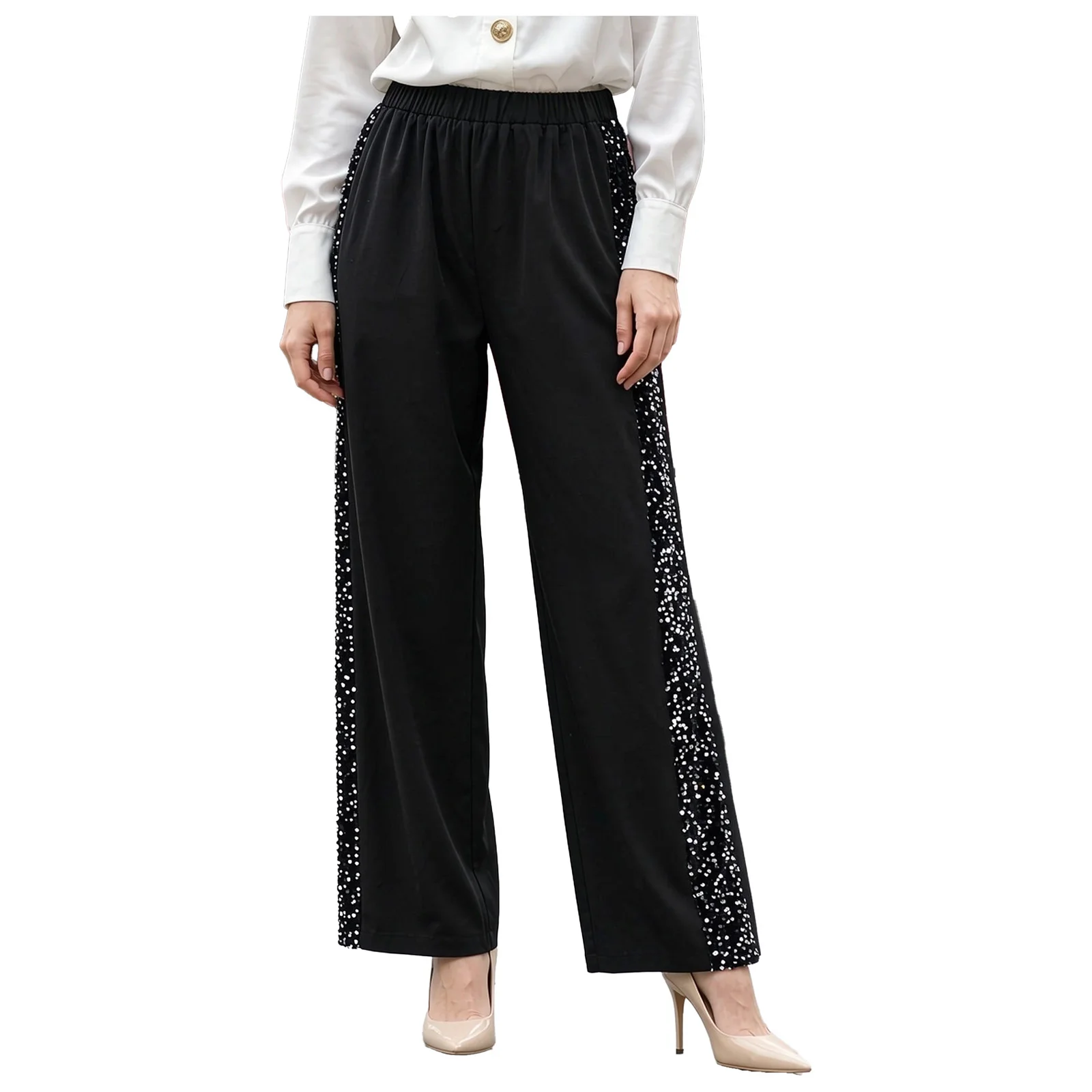 Women's Fashion Streetwear Wide Leg Pants Trendy Side Sequin Velvet Patchwork Pants High Waisted Trousers for Woman Prom Outfits