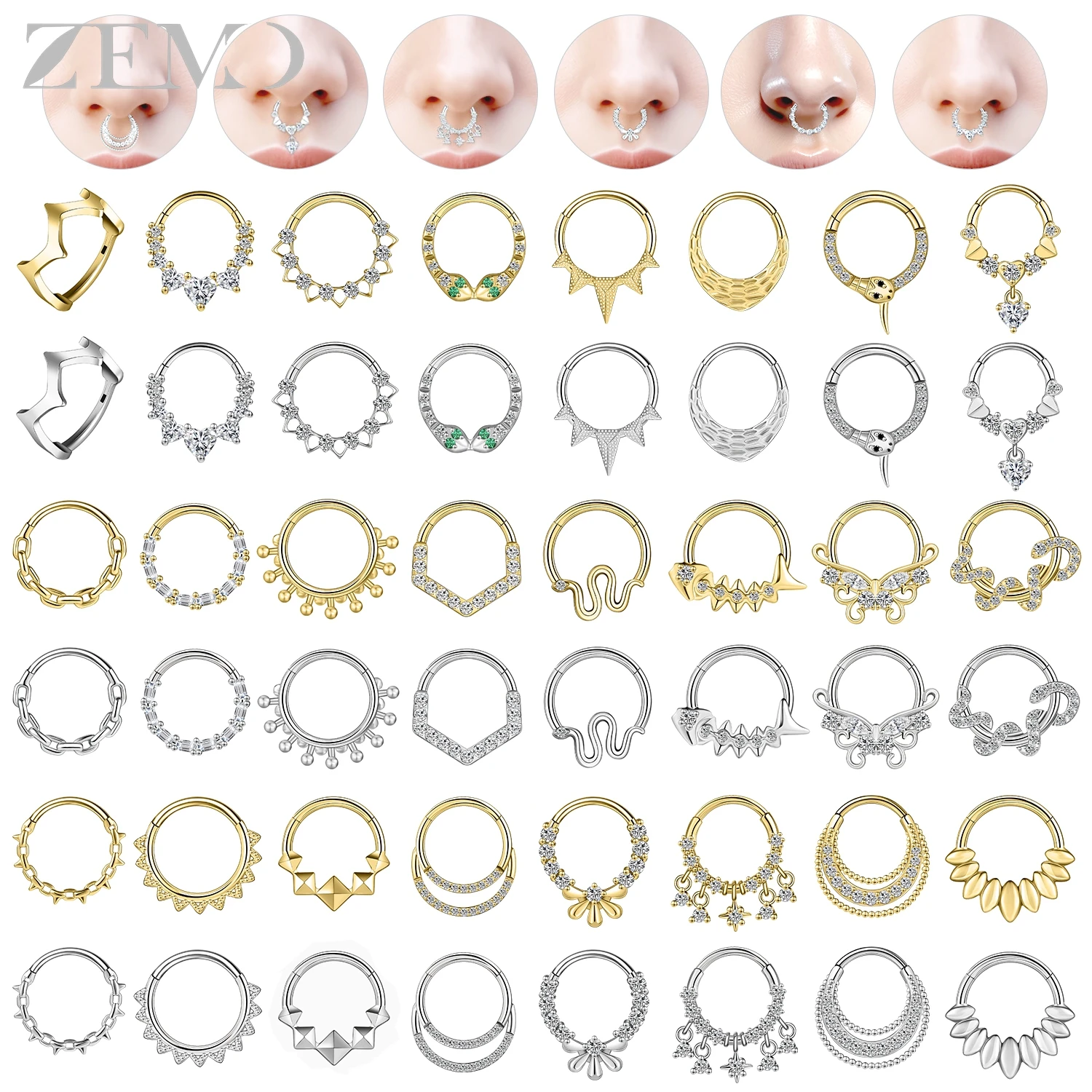 

ZEMO 1 Piece 16G Trendy Stainless Steel Nose Rings Unisex CZ Crystal Septum Ring Snake Round Hoop Earrings Helix Conch Piercings
