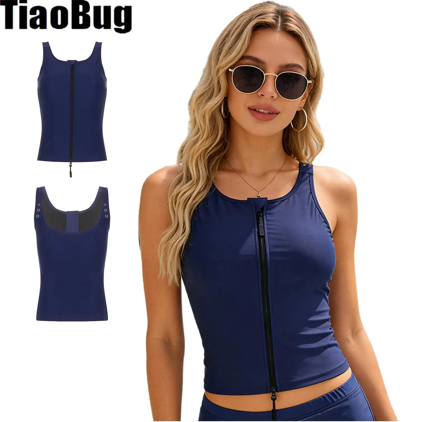 Women Adaptive Swim Tank Top Zip Front Swimwear Sleeveless Press Button Shoulder Straps Swimming Vest with Removable Chest Pads