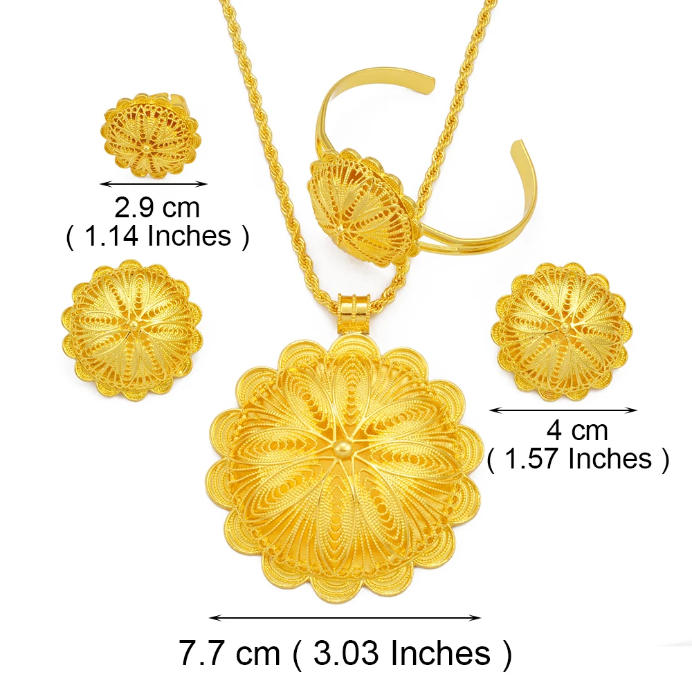 Anniyo 7.7cm Big Pendant Necklace Earrings Bracelet Rings African Ethiopian Jewelry Sets Eritrean Arabic Wedding Decor  #155216R