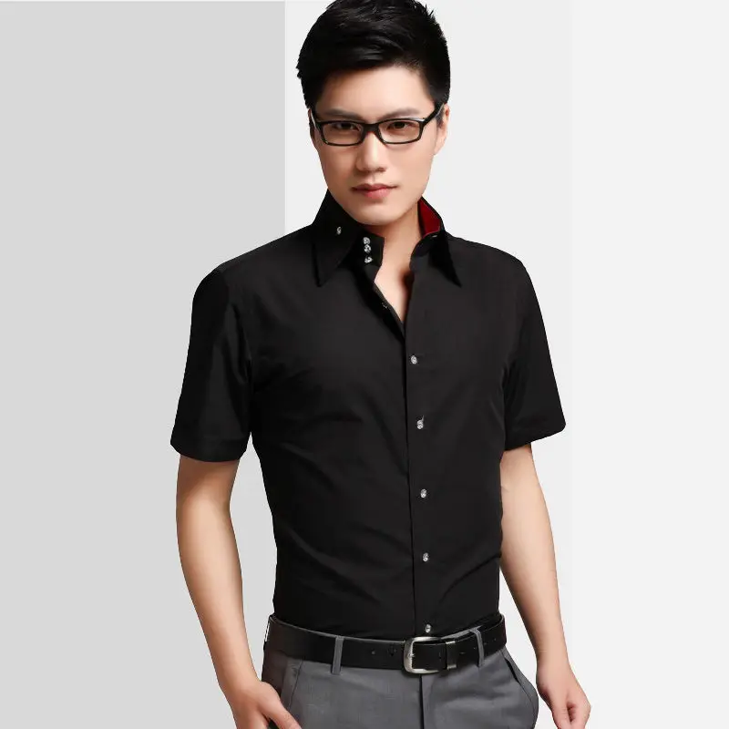 Men\'s Short Sleeve Shirt Button-down Collared Summer Formal Business Dress Shirts Slim Fit Korean Fashion Casual Classic Black