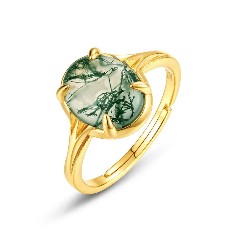 

S925 Sterling Silver Ring for Women - Natural Green Moss Agate Geometric Oval Design, Vintage Style | Light Luxury Jewelry Gift