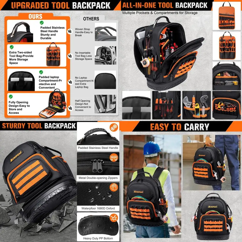 

Heavy-Duty 96-Pocket HVAC & Electrician Tool Bag with Laptop Section for Men and Women, Molded Base Backpack for Construction