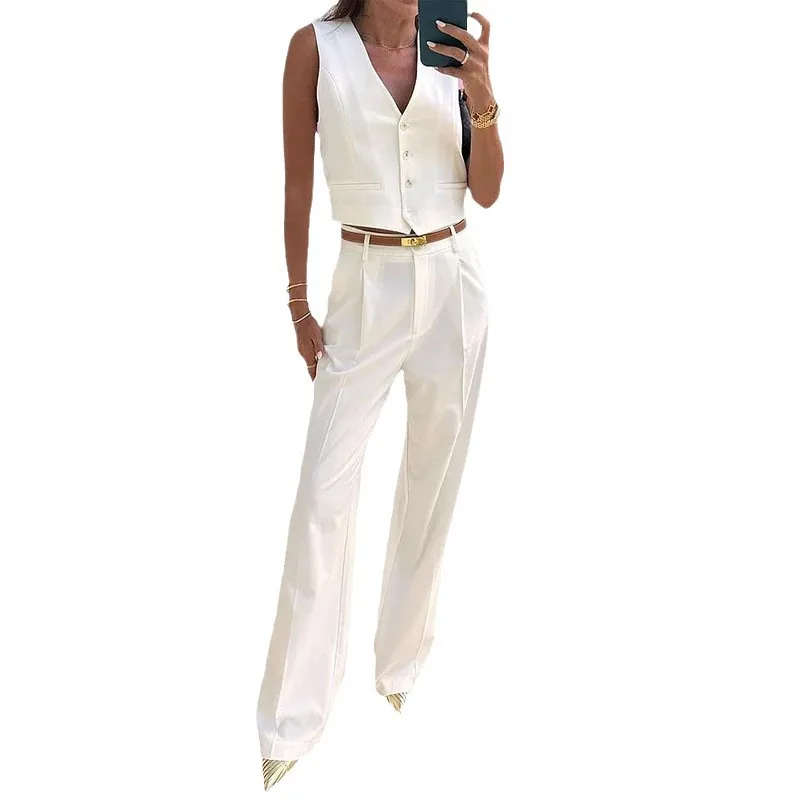 Two Piece Sets Women Long Pants Set V Neck Sleeveless Vest Tops Single Breasted Office Ladies Straight Pant Casual Loose 2024