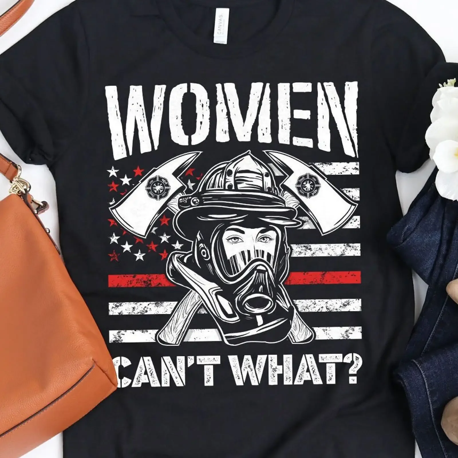 Women Can't What Thin Red Line USA Flag Female Firefighter T Shirt Patriotic Casual vintage Washed fashion graphic Unisex