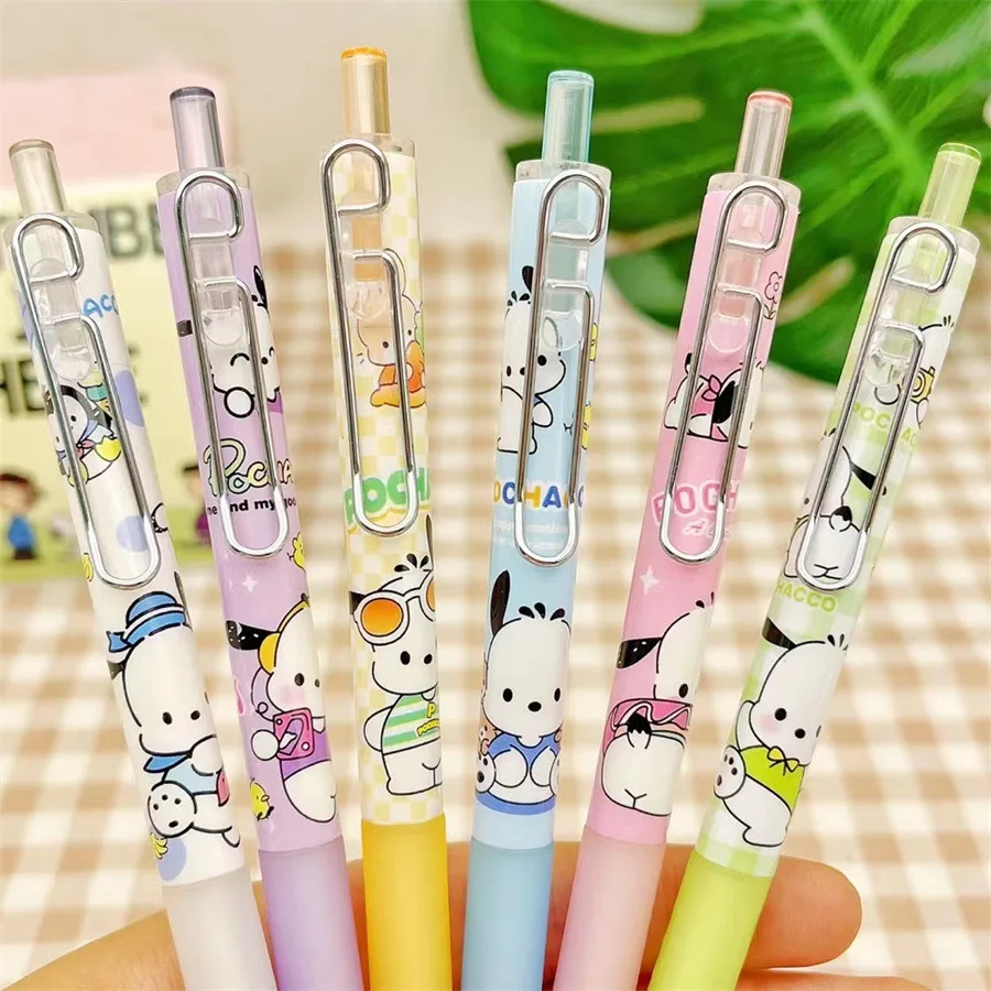 

6Pcs Kawaii Sanrio Push Action Neutral Pen Pochacco Accessories Cute Anime 0.5Mm Student Stationery Office Toys for Girl Gift