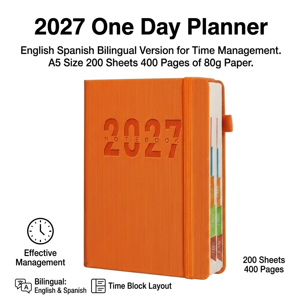 Hardcover Planner Notebook for Office Students 2027 Daily Schedule Bilingual English Spanish Journal Time Management Book