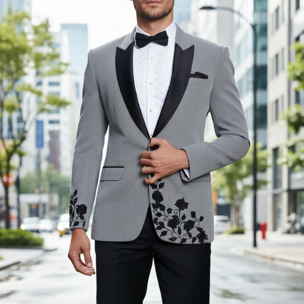 Beaded Men Suits Wedding Tuxedo Vintage Floral Embroidery Single Breasted Groom Best Man Prom Party Blazer with Pants Slim Fit