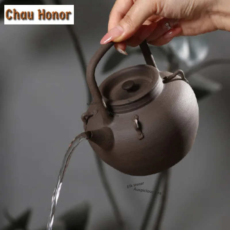 ZAEYORIA Chaozhou Gongfu Teapot Handmade Four-eared Black Gold Pottery Handle Sand-coated Kettle Water Boiled Pot Tea Ceremony