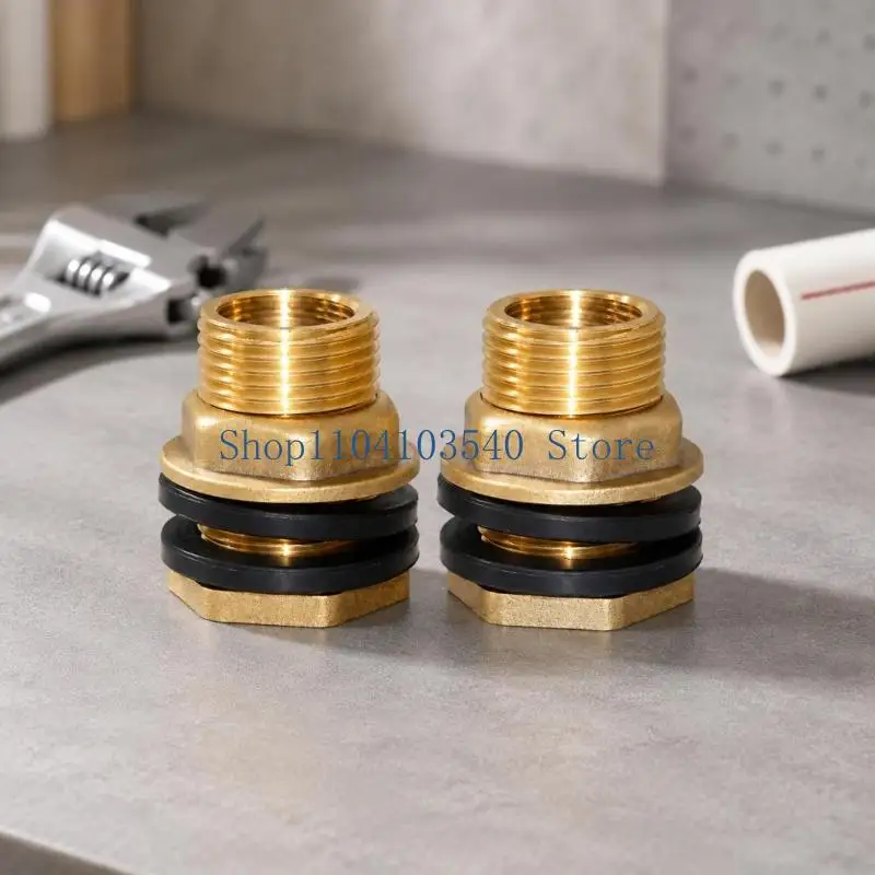 02DC Water Tank Wall Fitting, 2 Pack Brass Bulkhead Fittings with Female-to-Male Threaded Assembly and Two Sealing Rings on Each