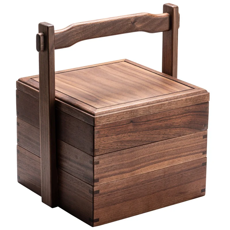 

Extremely plain black walnut carrying box Portable tea box Multi-layer food Storage Chinese solid wood portable Tea