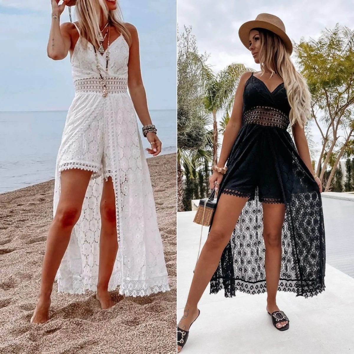 Women Spaghetti Straps Long Beach Dress Boho Summer Sleeveless Hollow Out Floral Lace Playsuit Sundress Lady Outfit