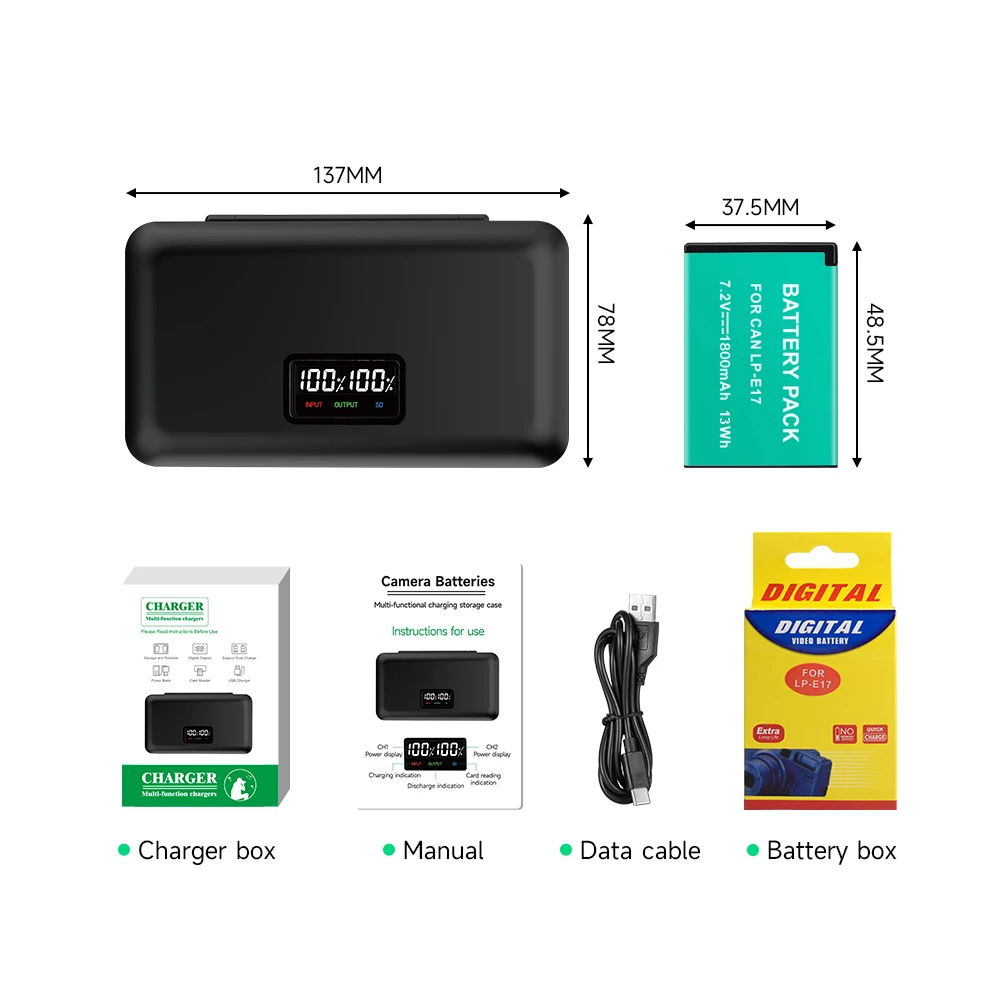 LPE17 LP E17 LP-E17 Camera Battery+Storage Box LCD Dual Charger for Canon EOS 200D M3 M6 750D 760D T6i T6s 800D 8000D Kiss X8i