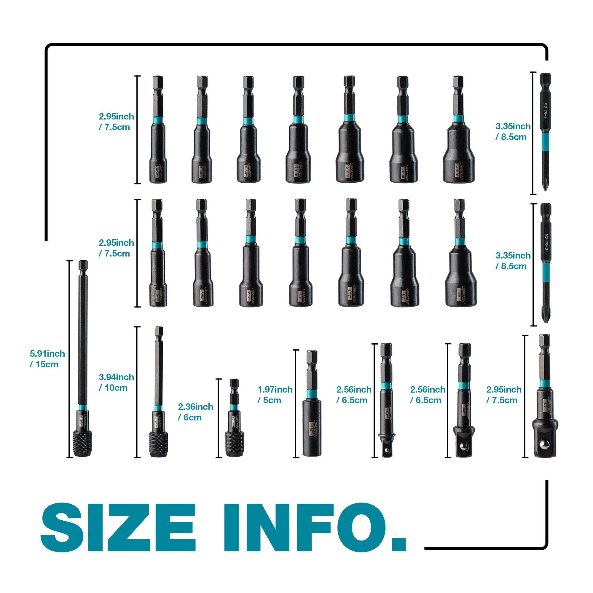 LIBRATON 23Pcs Magnetic Nut Driver Set, Impact Drill Bit Set, Metric & SAE Socket Adapters, Bit Holder for Motorcycle Repair