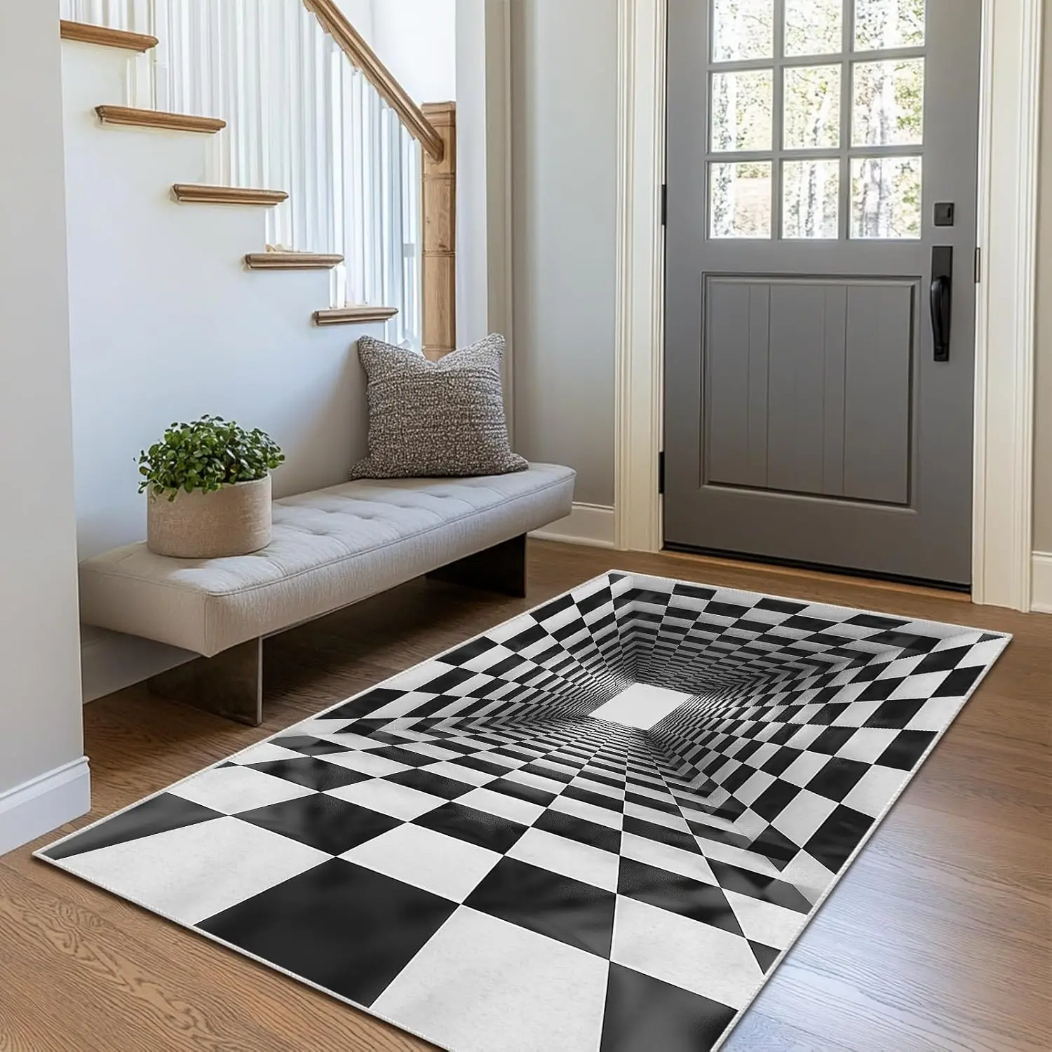 Boho Area Rug for Living Room Abstract Entryway Rug Modern 3D Hole Trap Optical Visual Illusion Rugs Non Slip Low Pile Machine