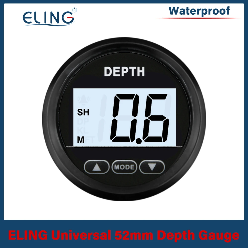 ELING Boat 52mm Digital Depth Gauge Depth Indication Range Approx. 100m/110yd with Transducer and White Backlight for Yachts