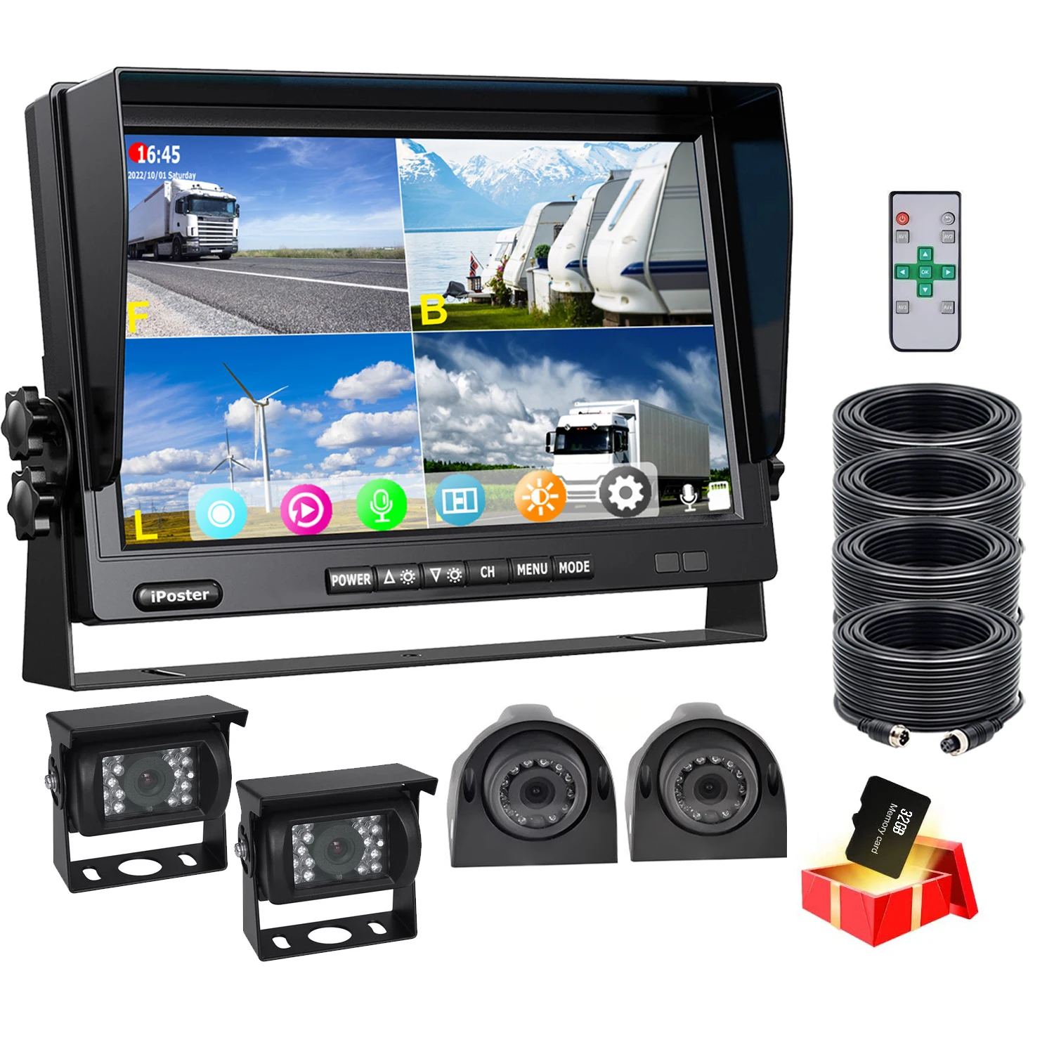 7 Inch IPS Screen AHD Quad Monitor 4ch DVR Loop Recording With 4x AHD 1080P Side View Rear View Reverse Cameras Backup Night Vision Waterproof 12-36V For