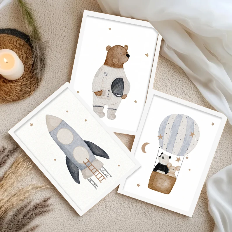 Neutral Watercolor Space Animal Canvas Wall Art Set Astronaut Bear Rocket Hot Air Balloon Panda Print Boy Nursery Playroom Decor view 6