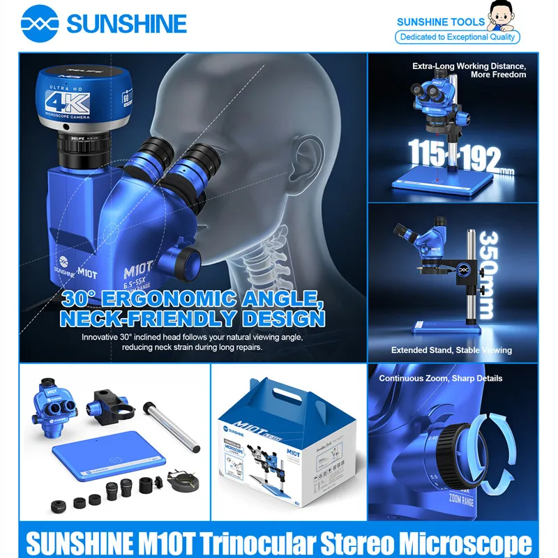 SUNSHINE M10T Trinocular Stereo Microscope for PCB SMD Soldering Phone Repair Tool 0.65X-5.5X Smooth Continuous Zoom Microscope