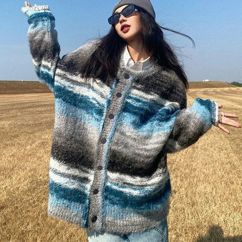 

Vintage Colorful Gradient Sweater Jacket Women's V-Neck Loose Preppy Style Coat 2023 Autumn Winter Knitted Cardigan Outerwear