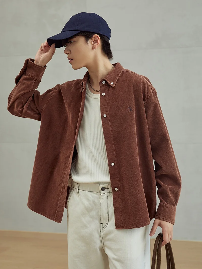 

HIER Neutral Sle Cotton irt Vintage Brown Corduroy Embroidered Waed out Closet Small Size Straight Cut Long Sve