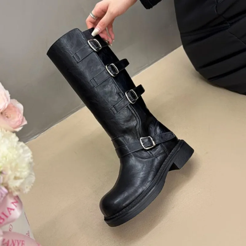 Fashion Buckle Mid Heels Women Long Boots 2025 Designer Elegant Dress Pumps Shoes Winter New Trends Chunky Knee Boots De Mujer