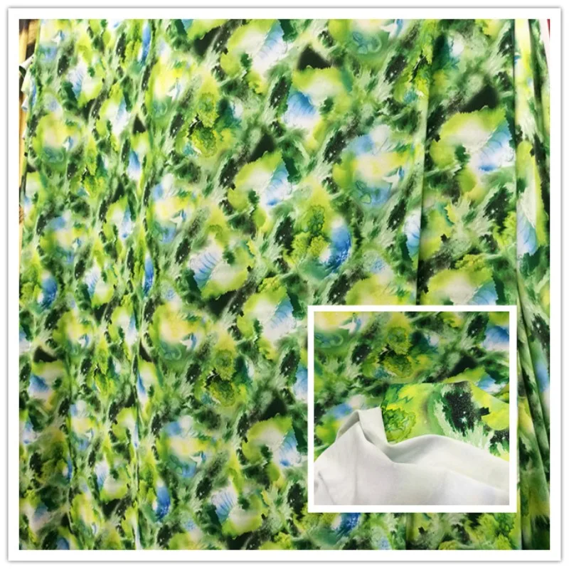 Milk Silk Printed Fabric with Green Blue and Floral Fragments That Are Not Transparent  Elasticity Performance Clothing Fabric