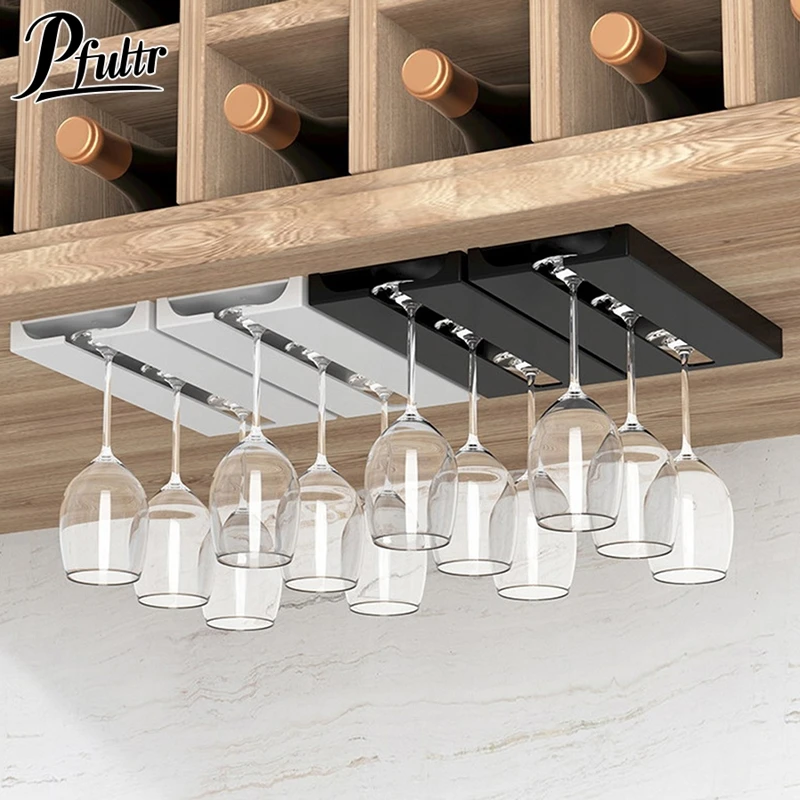 Kitchen Under Cabinet Free Punching Holder Wine Glass Rack Multi-function Classification Stemware Glass Cup Hanging Holder