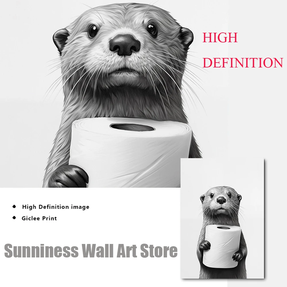 Cute Animals Toilet Paper Living Room Wall Art Poster Black and White Otter Canvas Painting Print Funny Bathroom Home Decoration