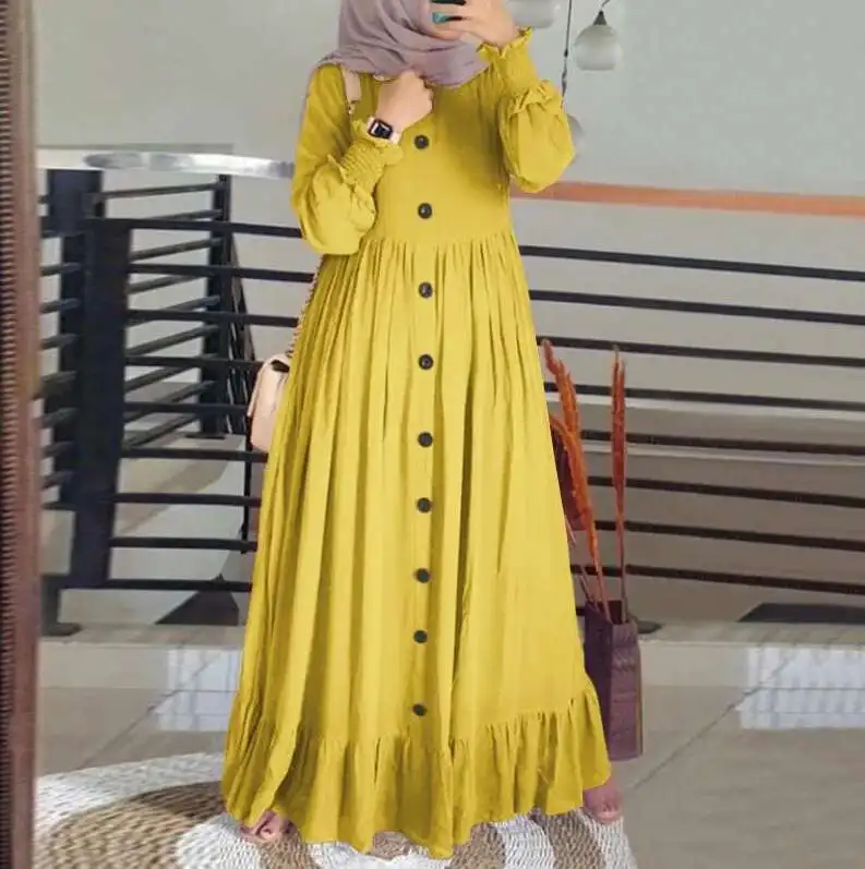 2025 printemps et automne nouveau musulman coton et chanvre artistique décontracté ample grand col rond robe à volants dubaï luxe Islam élégant