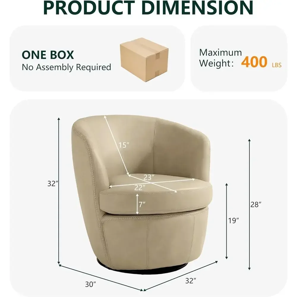 Pair of Beige Cream Swivel Barrel Chairs: PU Leather Club Armchairs for Living Room & Bedroom