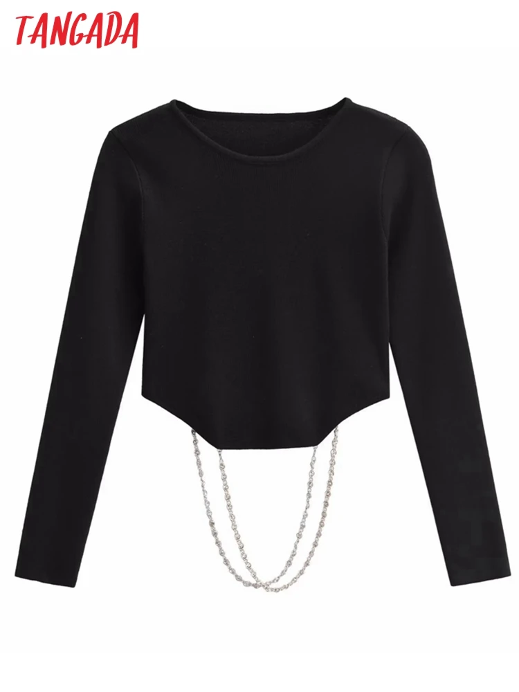 Tangada 2023 Women Solid Beading Decorate Crop Sweater Backless Long Sleeve Female Pullovers AI43