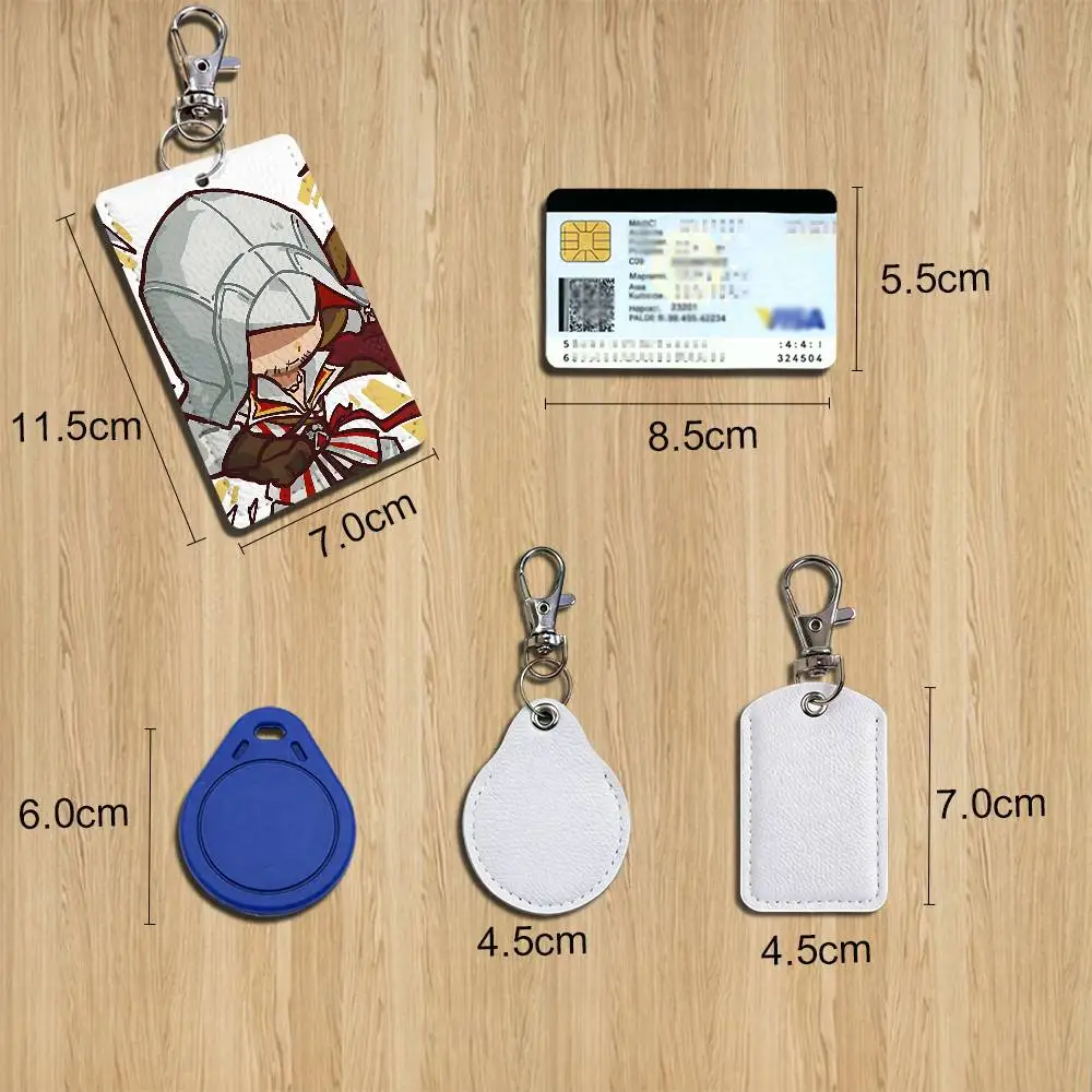 Ezio Auditore AC Assassins Creed Rectangle ID Card Case Keychain Access Card Bag Key Tag Ring Leather Card Holder Key Ring