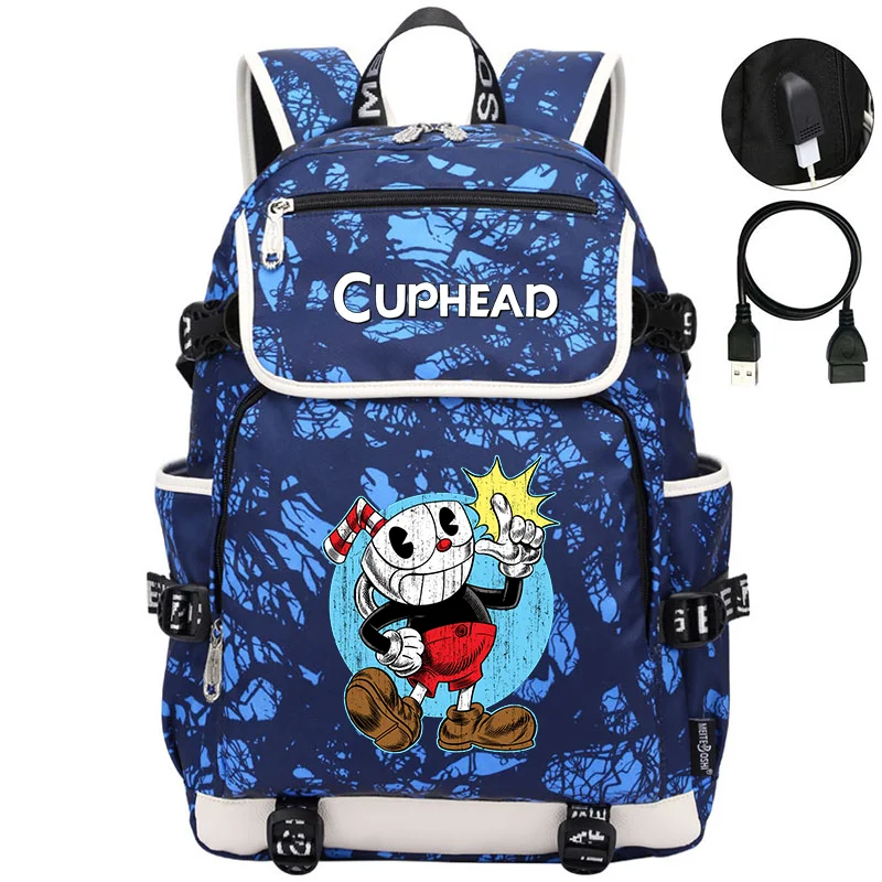 

Cuphead Game Mugman Backpacks Men Women USB Charging Laptop Travel Bags Teenager Student kids Backpack Casual Mochila