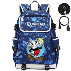 Cuphead Game Mugman zaini uomo donna ricarica USB Laptop borse da viaggio adolescente studente bambini zaino Casual Mochila