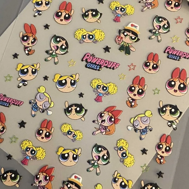 Naklejki do manicure Powerpuff Girls tłoczone trójwymiarowe japońskie urocze dziewczyny dziewczyna serce samoprzylepne naklejki do zdobienia paznokci diy