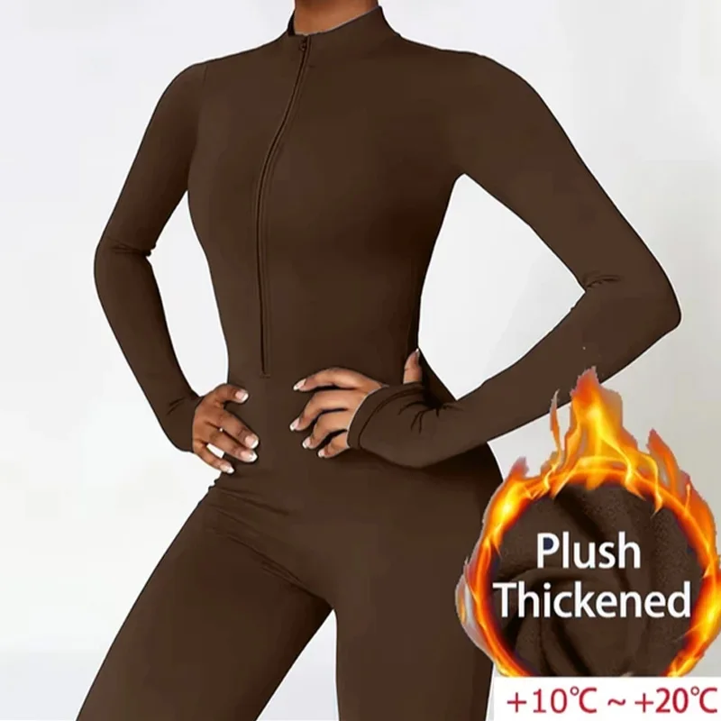 Winter Plush One-Piece Yoga Jumpsuits Sports Suit with Long Sleeves Fitness Sets Warm Gym Wearing Bodysuit Women's Sportswear