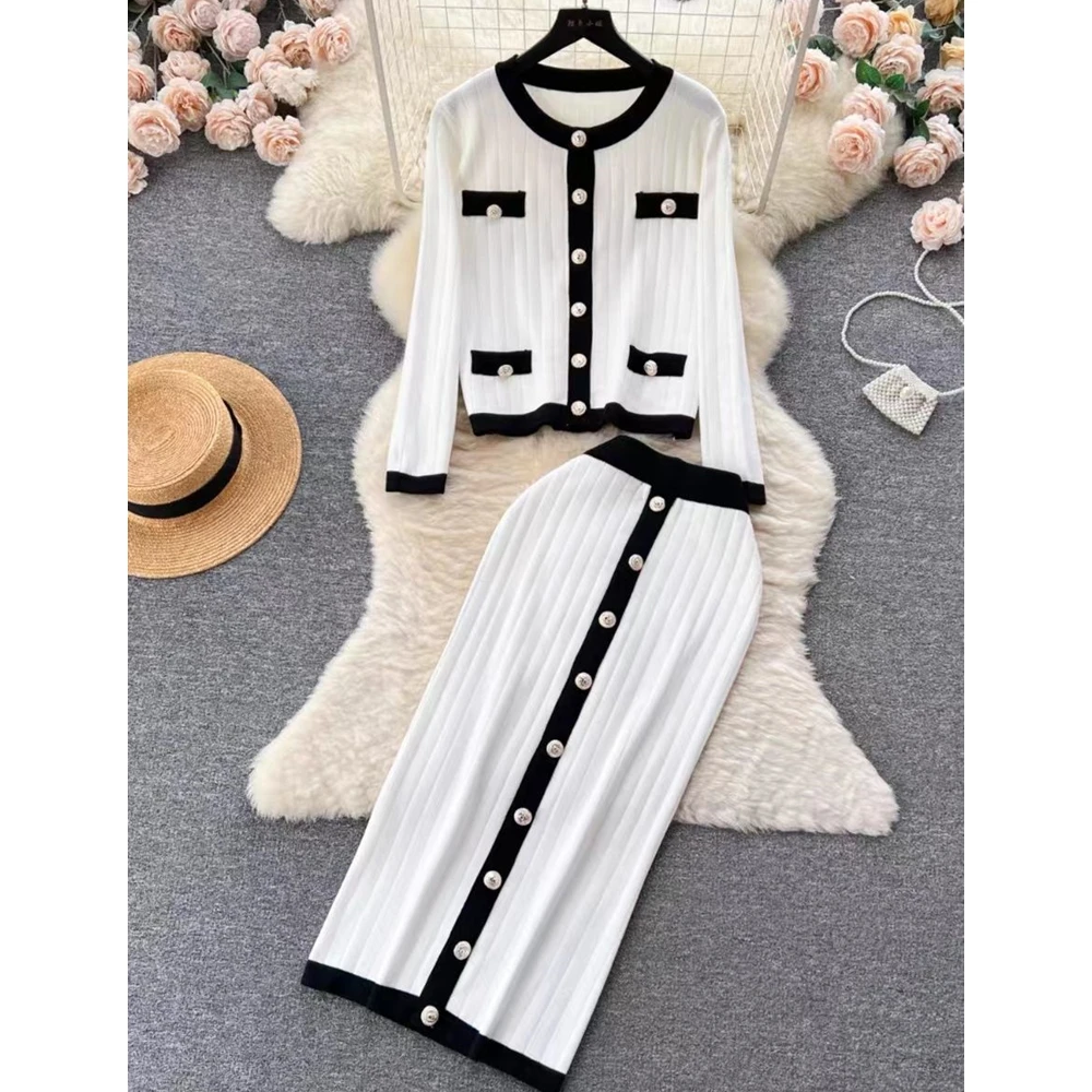 Women's Graceful O-Neck White Sweater Skirts Two Piece Set Lady Fashion Patchwork Knit Tops Skirt Outfits Knitwear Suits Female