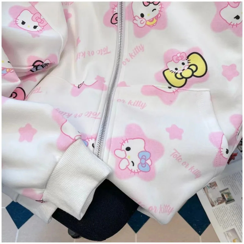 Anime Sanrio Hello Kitty Hooded Cardigan Jacket Kawaii Girl Autumn Vintage Coat Comfortable Cute Cartoon Women Hoodbirthday Gift